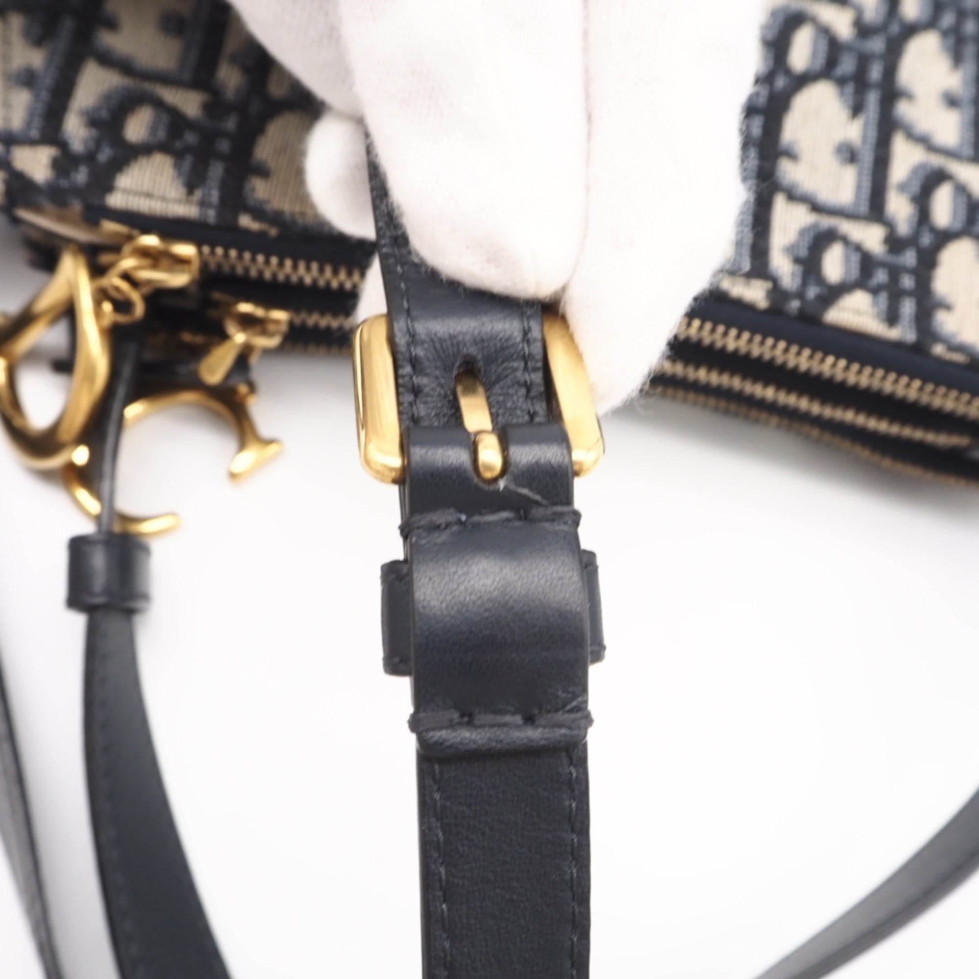 Christian Dior Beige Navy Leather Canvas Pouch Shoulder Bag (Pre-Owned)