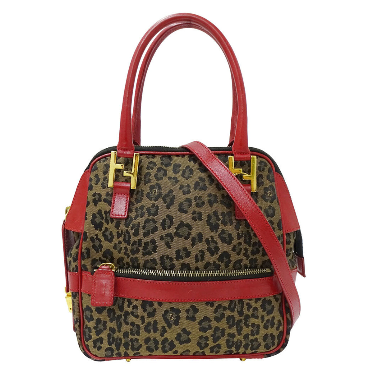 Fendi Red Brown Canvas Leather Handbag Shoulder Bag (Pre-Owned)