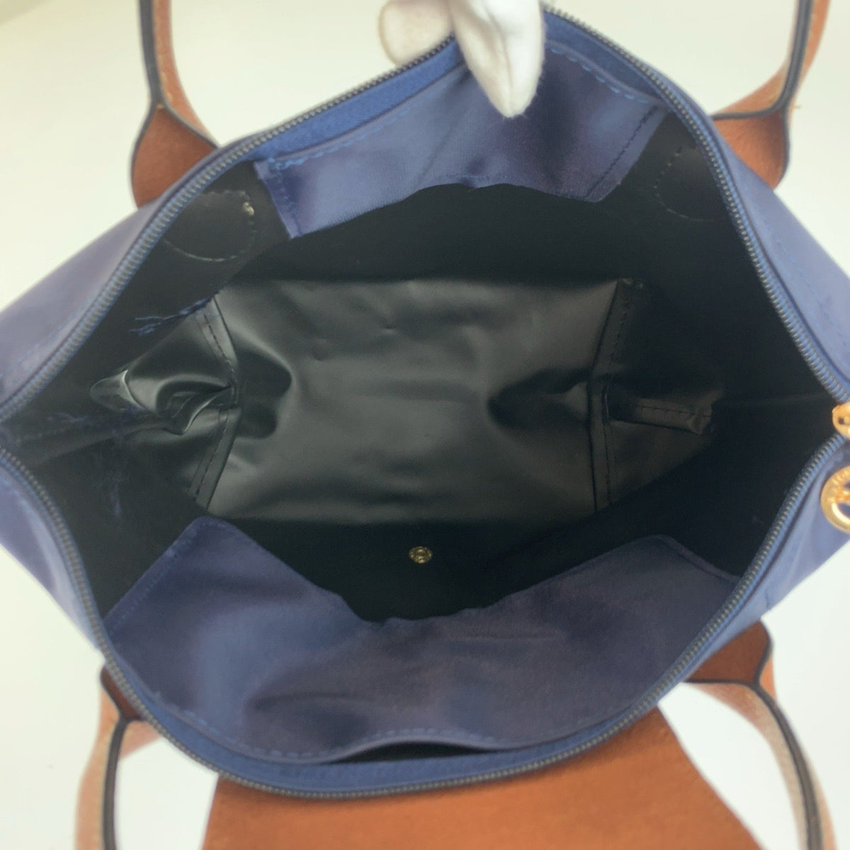 Longchamp Brown Navy Nylon Leather Shoulder Bag Tote Bag (Pre-Owned)