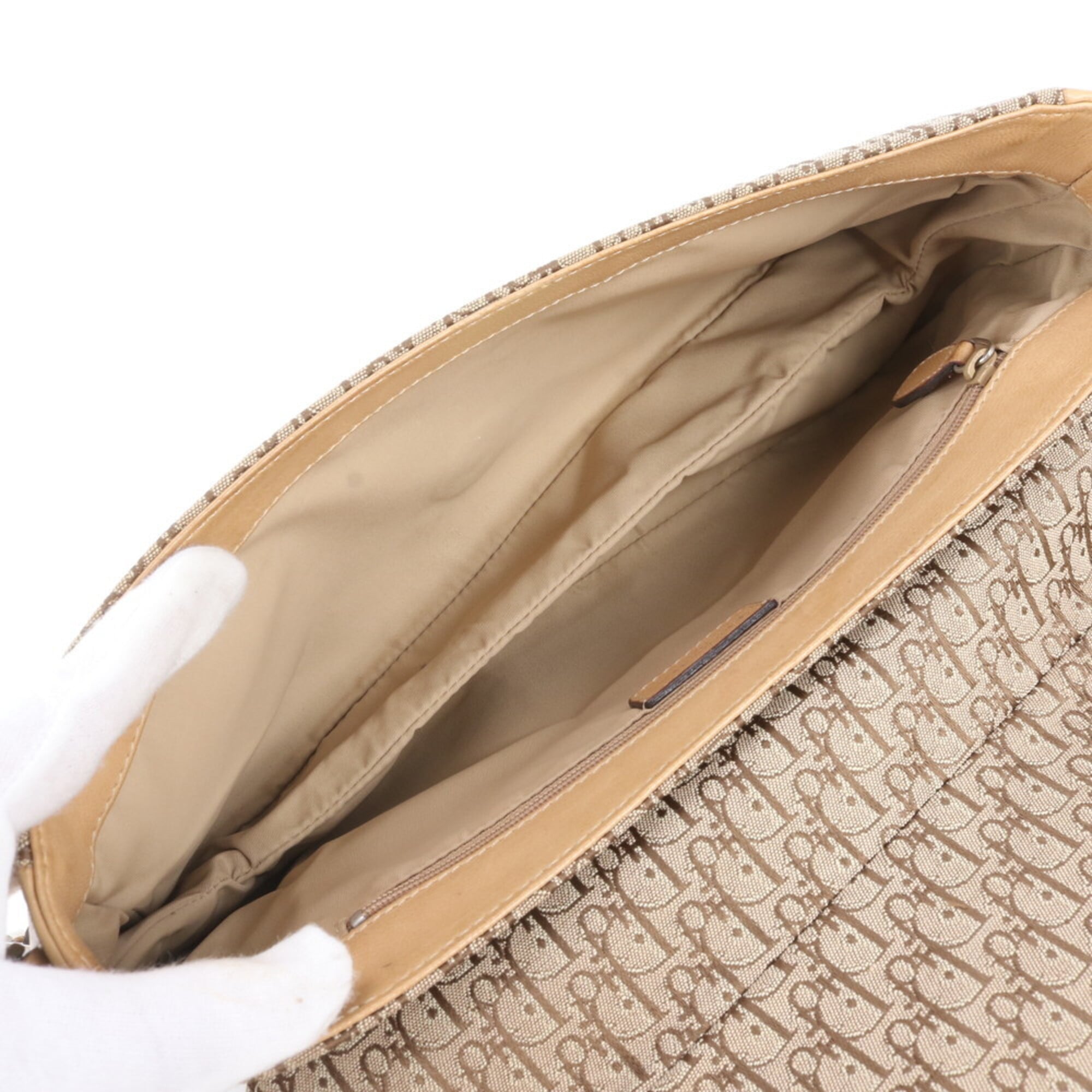 Christian Dior Beige Brown Leather Canvas Shoulder Bag Tote Bag (Pre-Owned)