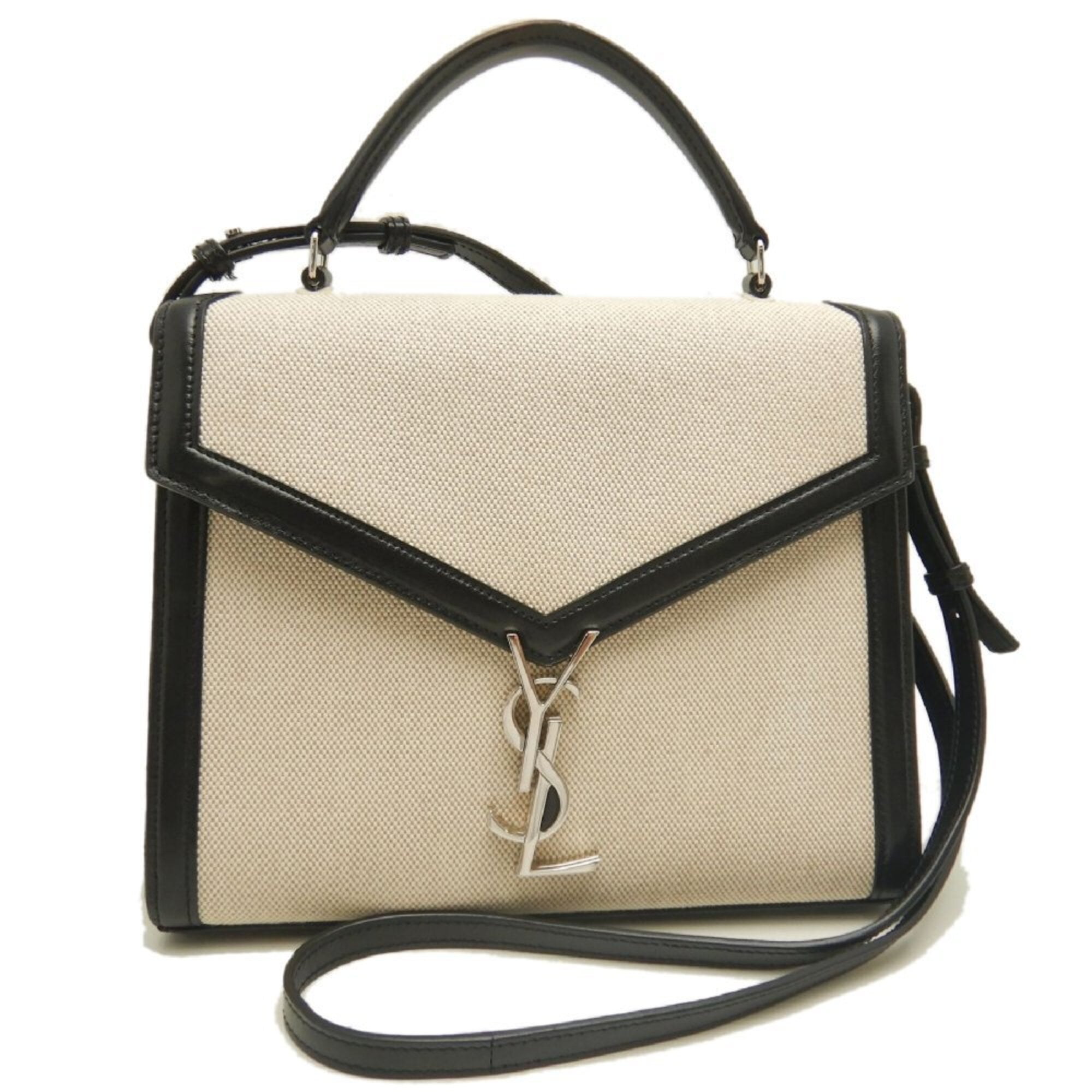 Saint Laurent Beige Black Canvas Leather Handbag (Pre-Owned)