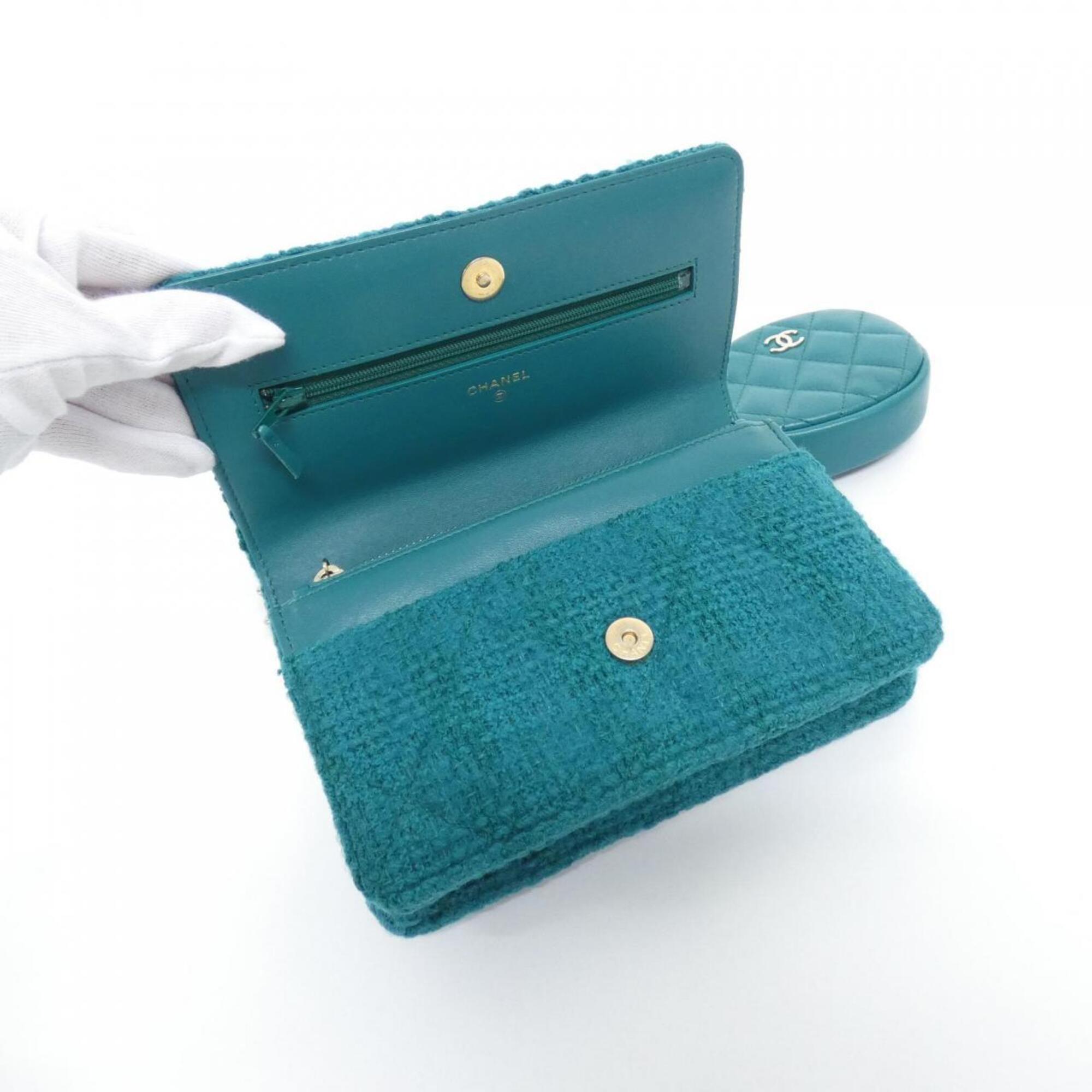 Chanel Green Wool Leather Chain/Shoulder Wallet (Pre-Owned)