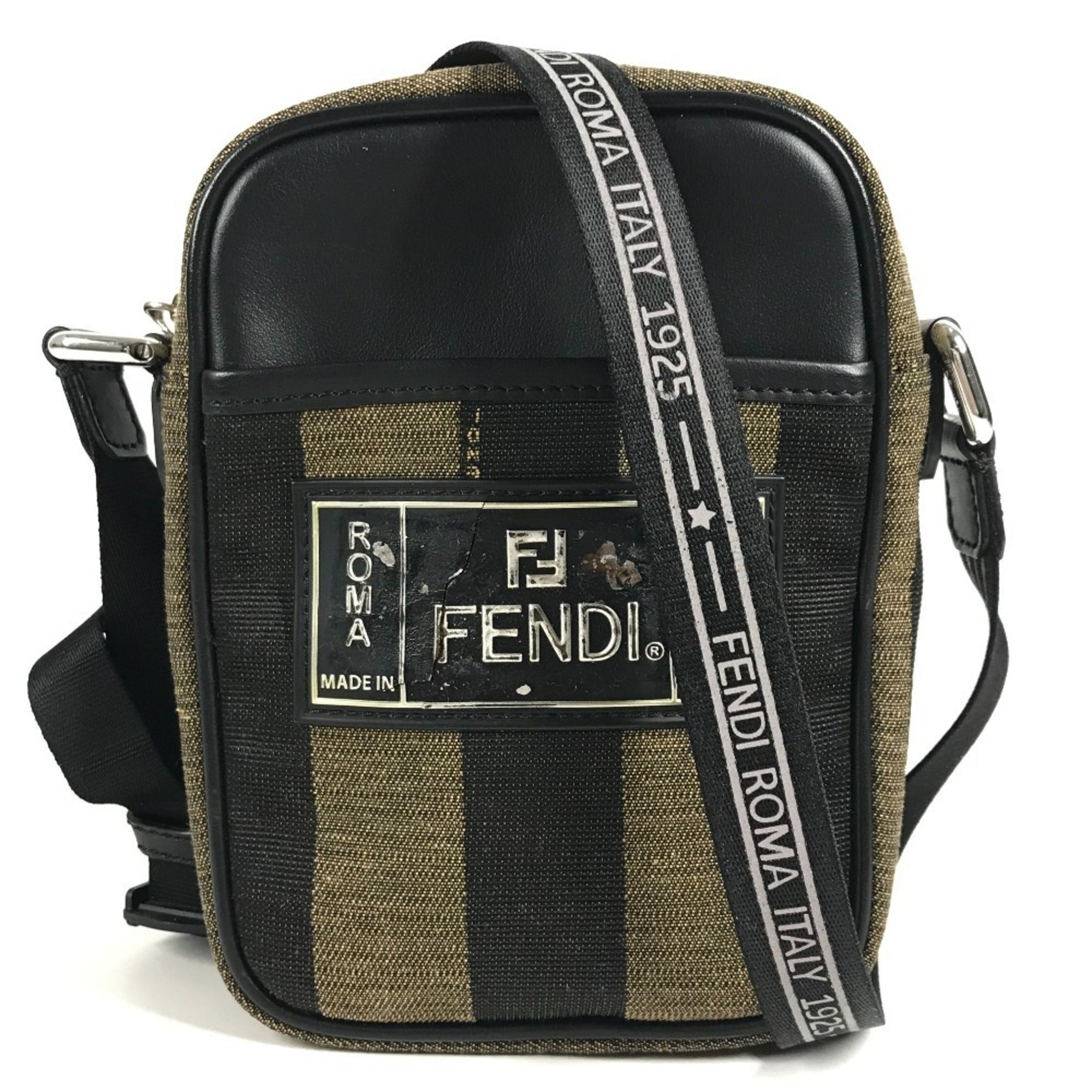 Fendi Black Khaki Leather Canvas Pochette Shoulder Bag (Pre-Owned)