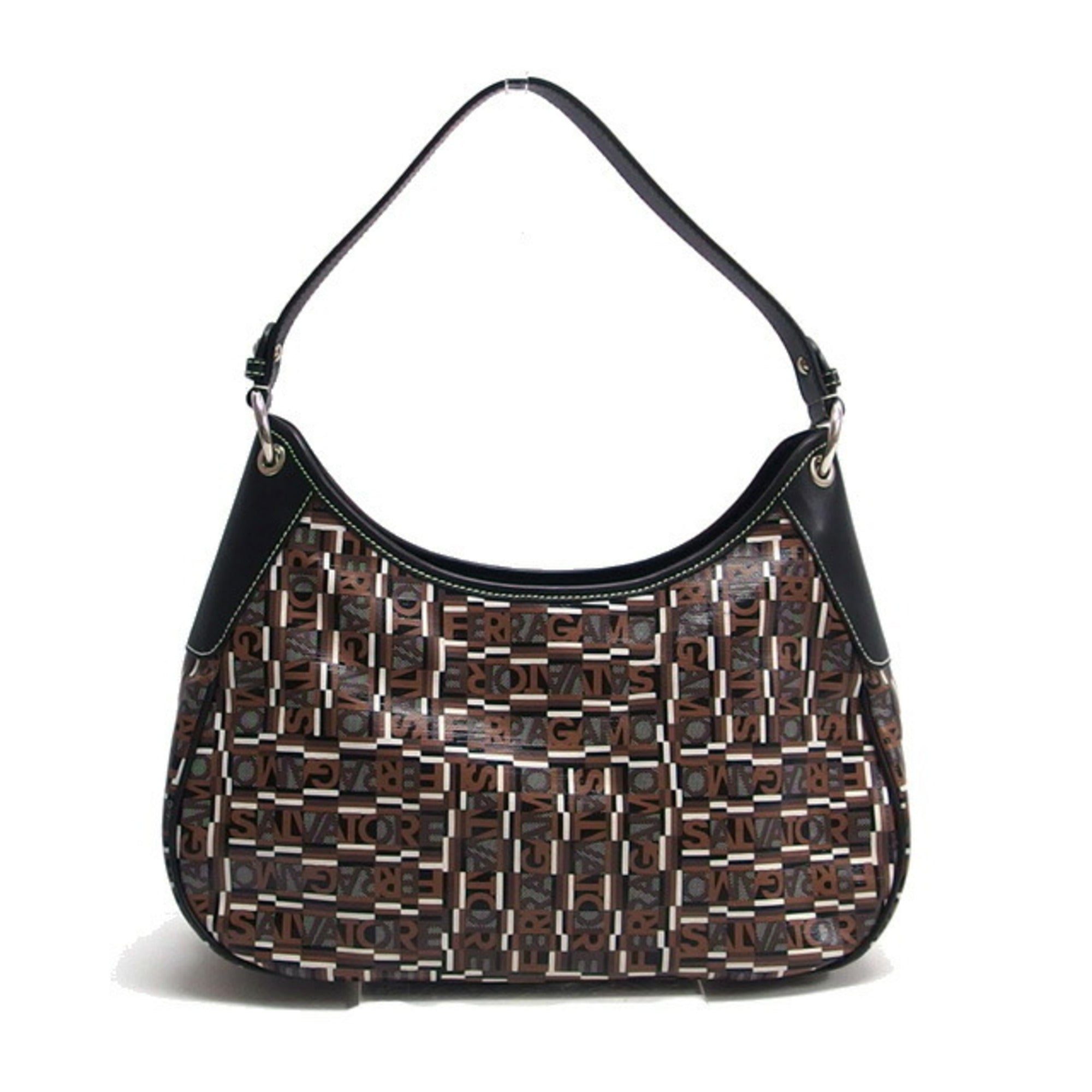 Salvatore Ferragamo Black Dark Brown Multi-Color Coated Canvas Leather Shoulder Bag (Pre-Owned)