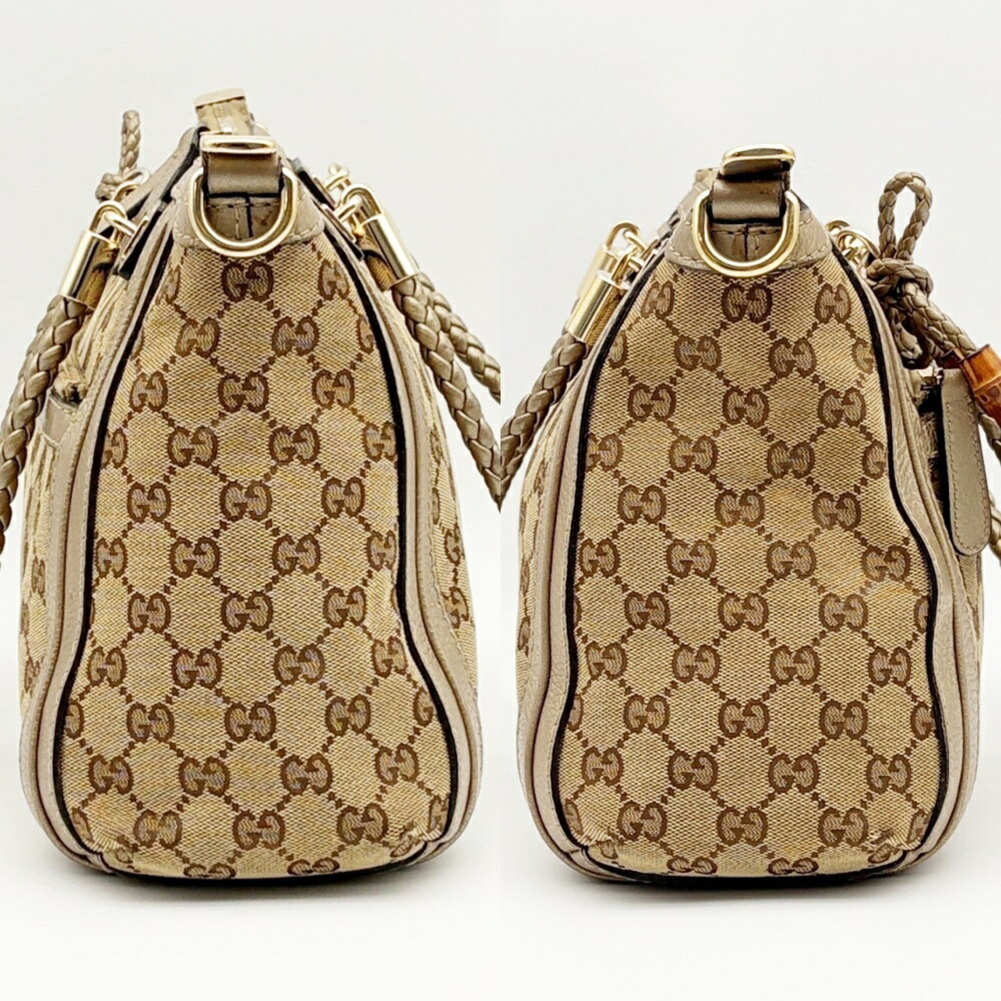 Gucci Gg Canvas Beige Gold Gg Canvas Leather Bamboo Shoulder Bag (Pre-Owned)