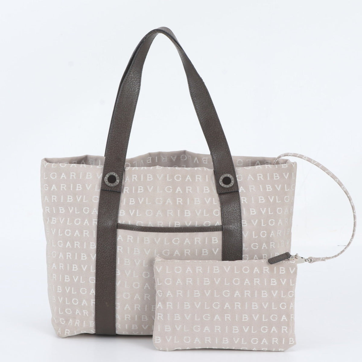 Bvlgari Beige Leather Canvas Handbag Pouch Shoulder Bag Tote Bag (Pre-Owned)