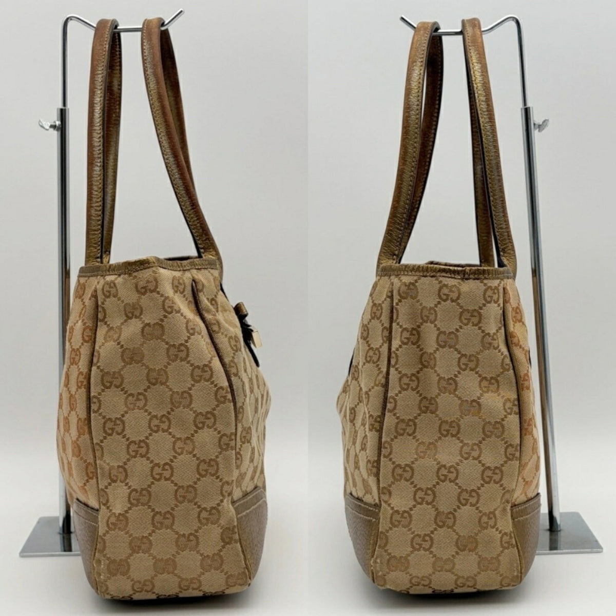 Gucci Beige Gold Gg Canvas Leather Shoulder Bag Tote Bag (Pre-Owned)