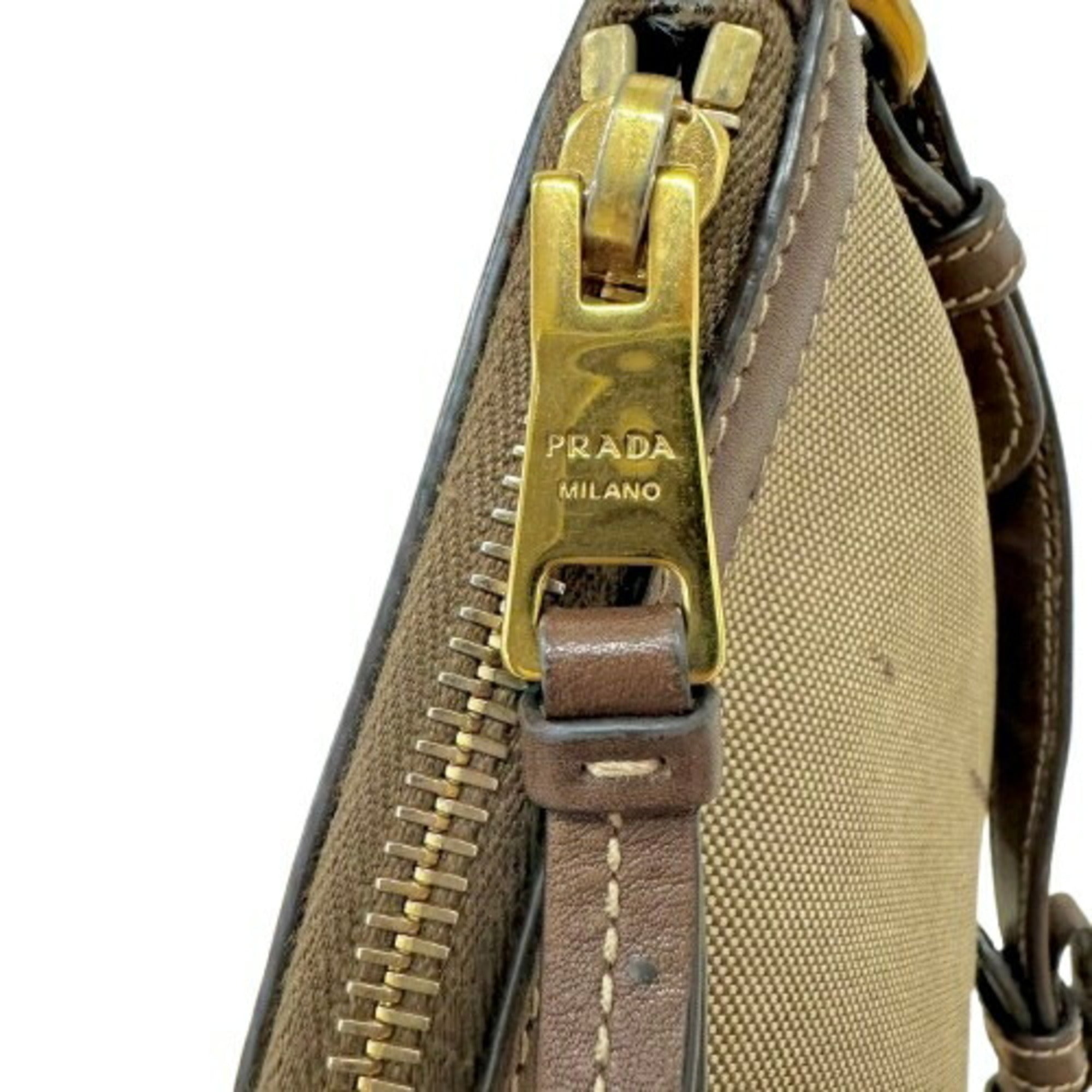 Prada Beige Brown Canvas Shoulder Bag (Pre-Owned)