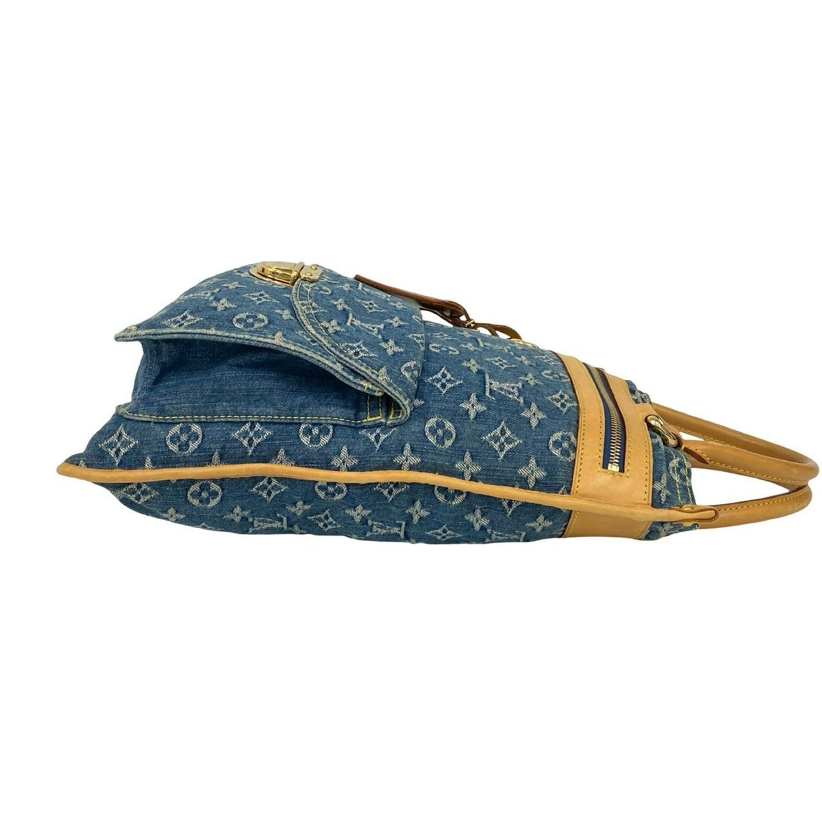 Louis Vuitton Beige Blue Denim Leather Handbag Tote Bag (Pre-Owned)