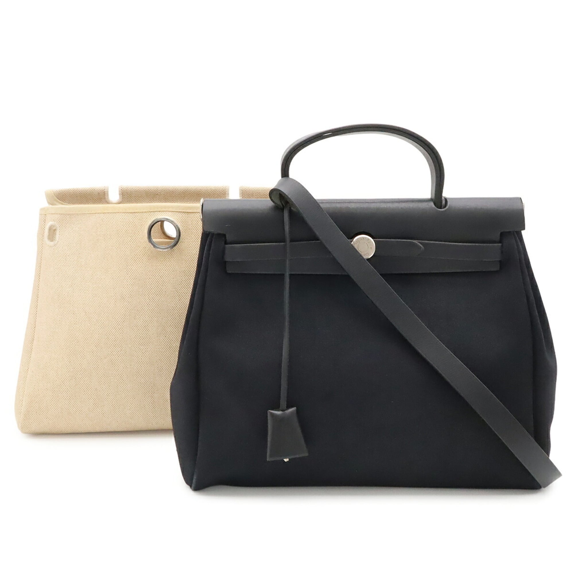 Hermes Black Natural Toile Officier Toile H Leather Handbag Shoulder Bag (Pre-Owned)