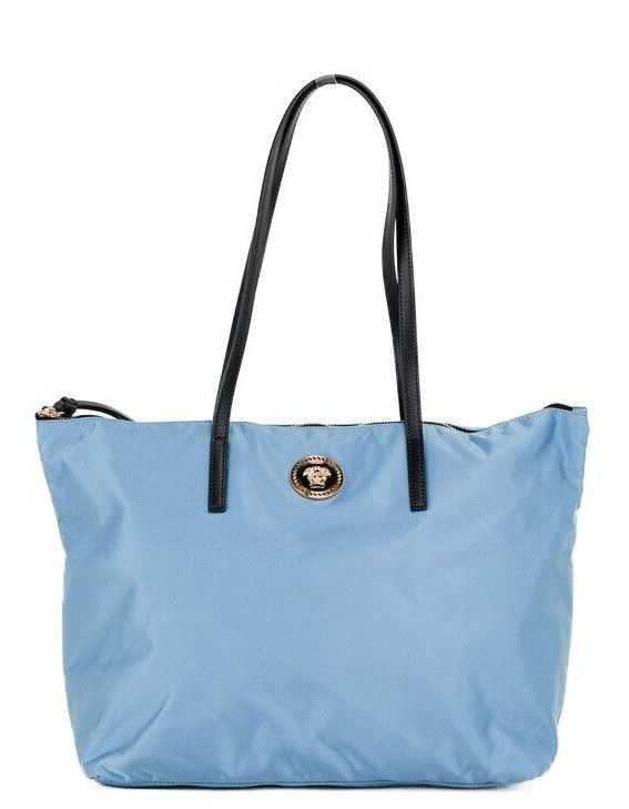 Versace Portuna Medusa Medium Cornflower Blue Nylon Leather Tote Bag Women's Purse