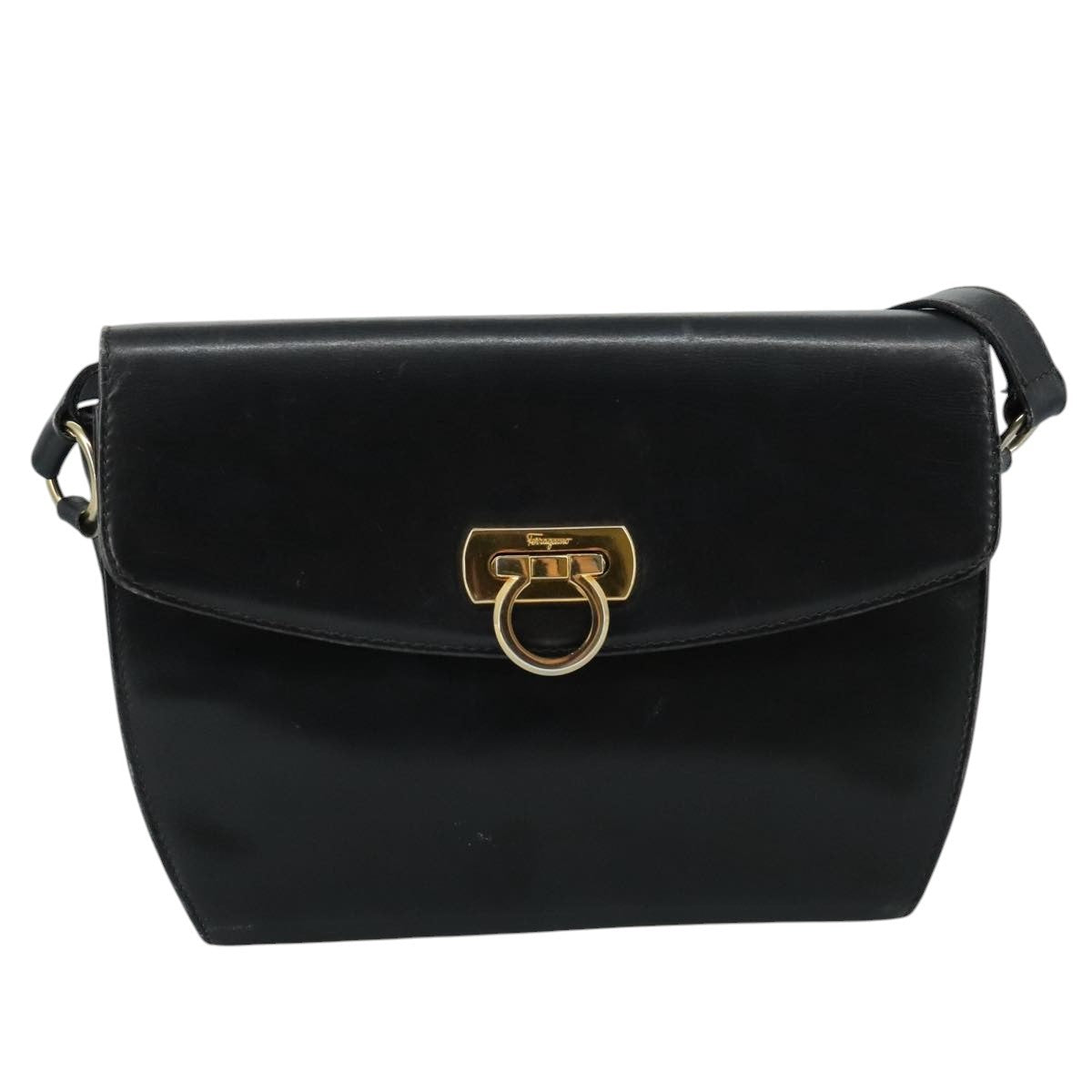 Salvatore Ferragamo Gancini Flap Leather Black Leather Shoulder Bag Bag (Pre-Owned)