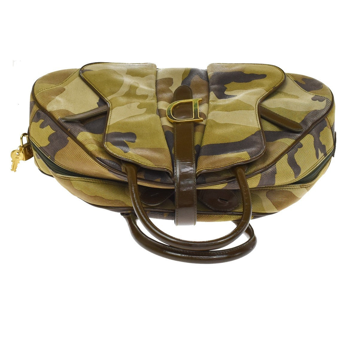 Christian Dior Vintage Saddle Bowler Camouflage Printed Pixelated Leather Khaki Canvas Handbag (Pre-Owned)