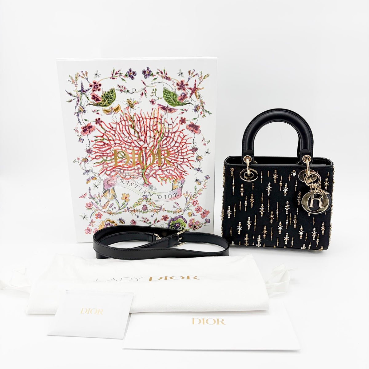 Christian Dior Lady Dior Black Satin And Bead Embroidery Black Other Handbag (Pre-Owned)