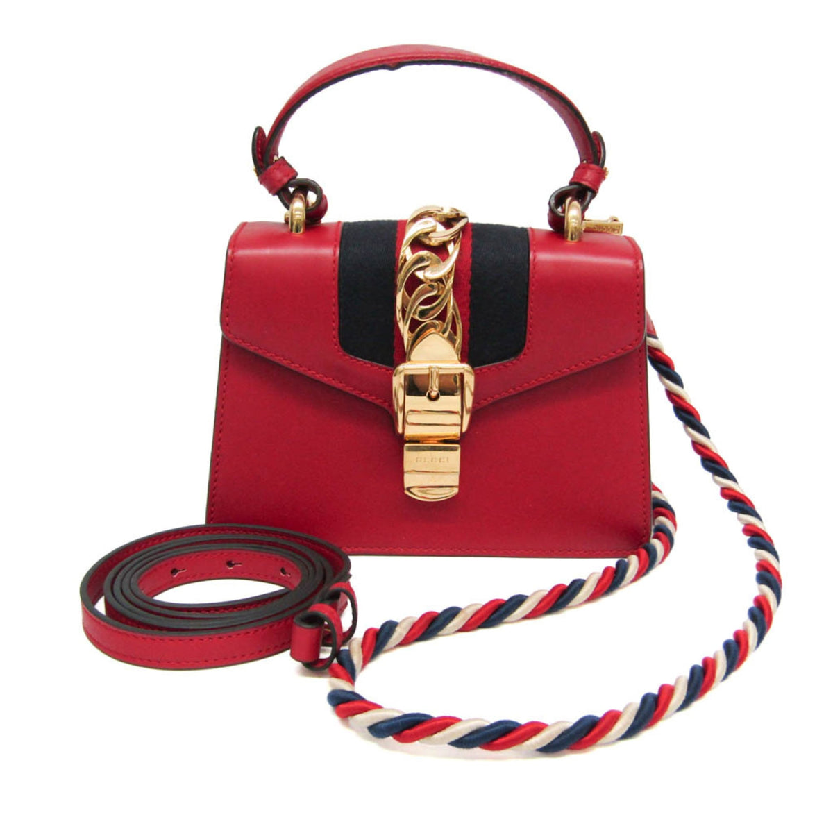 Gucci Sylvie Top Handle Leather Red Leather Handbag (Pre-Owned)