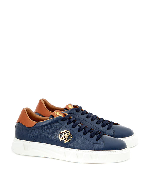 Roberto Cavalli Blue Leather Sneakers with Gold Men's Logo