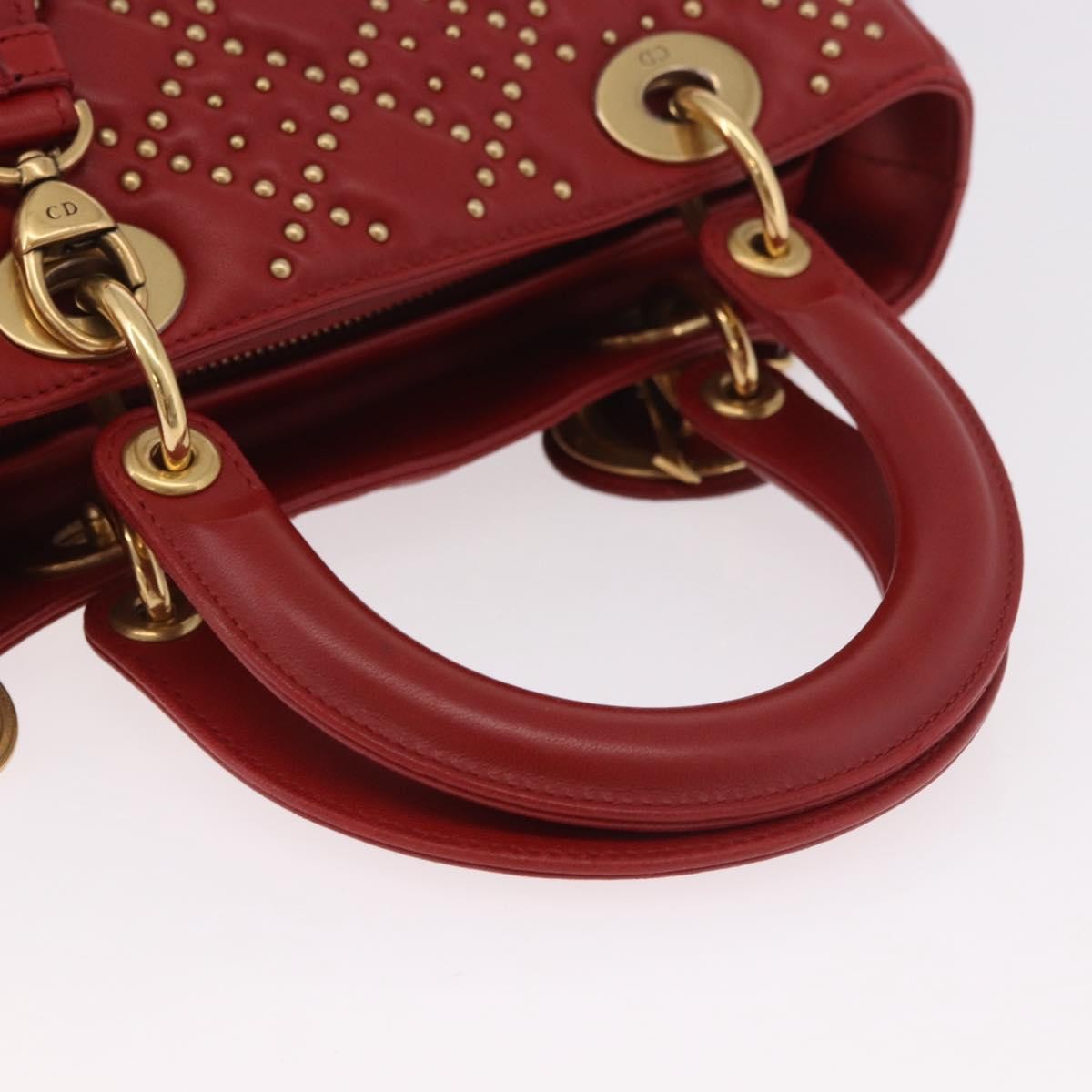 Christian Dior Supple Lady Dior Cannage Studded Lambskin Red Leather Handbag (Pre-Owned)
