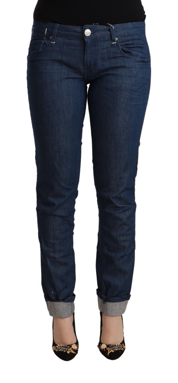 Acht Blue Cotton Low Waist Skinny Denim Folded Hem Women's Jeans