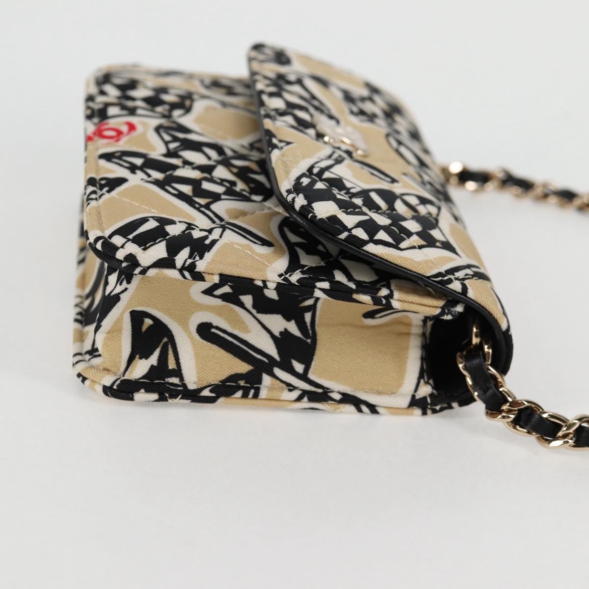 Chanel Flap Card Holder On Chain Quilted Printed Canvas Beige Nylon Shoulder Bag Bag (Pre-Owned)