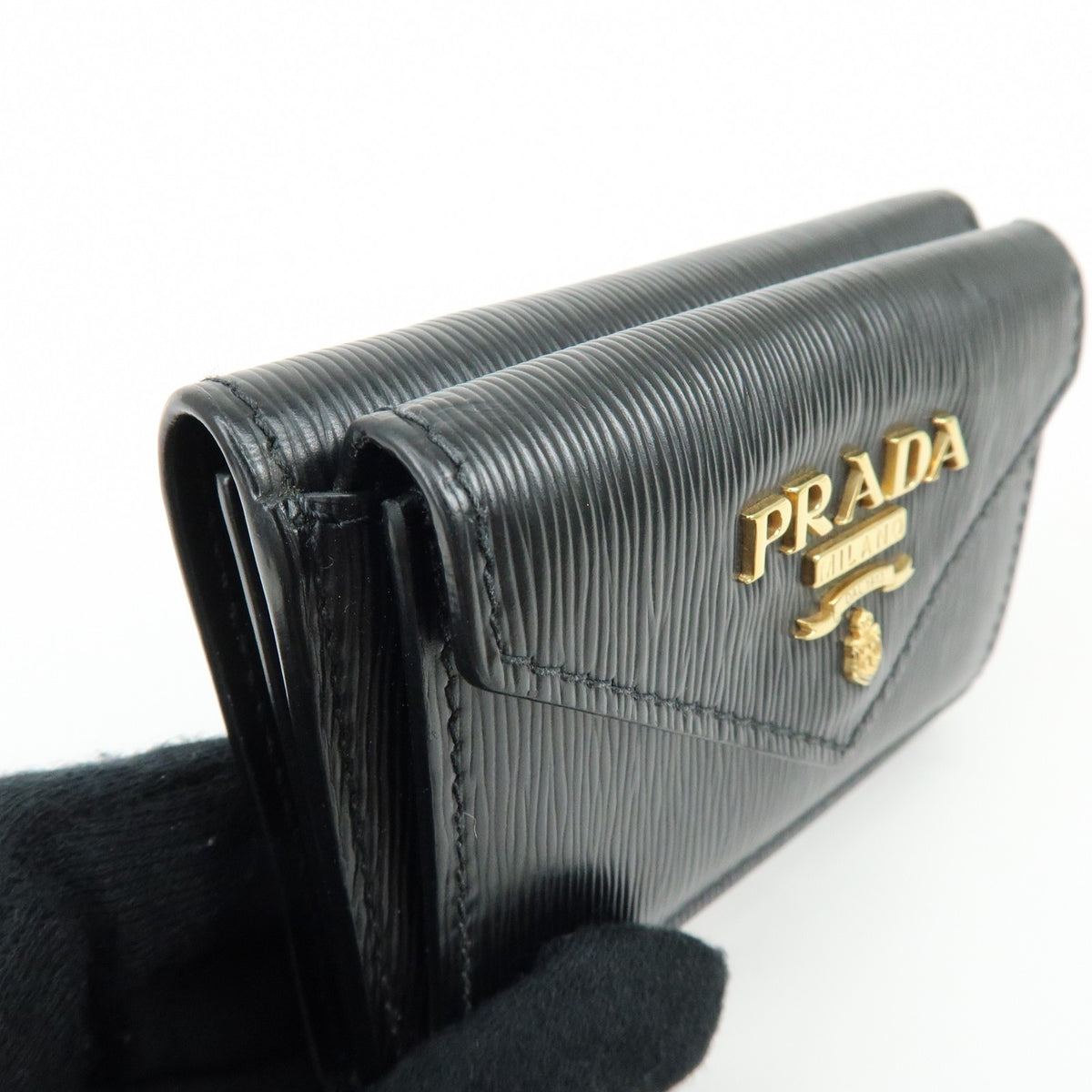 Prada Envelope Trifold Saffiano Leather Black Leather Wallets Accessory (Pre-Owned)