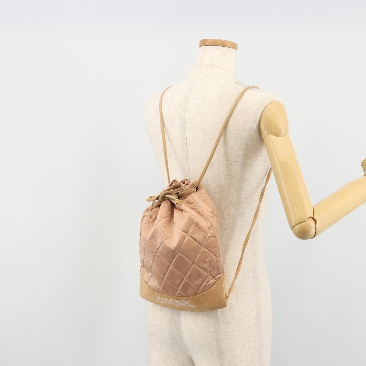 Chanel Vintage Drawstring Quilted Satin With Suede Pink Satin Backpack Bag (Pre-Owned)