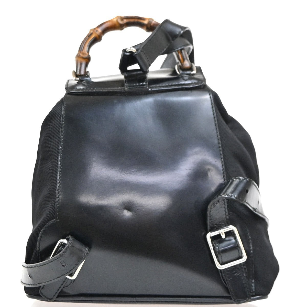 Gucci Vintage Bamboo Nylon And Patent Leather Black Nylon Backpack Bag (Pre-Owned)