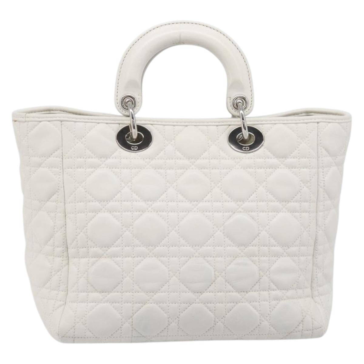Christian Dior Lady Dior Cannage Quilt Lambskin White Leather Handbag (Pre-Owned)