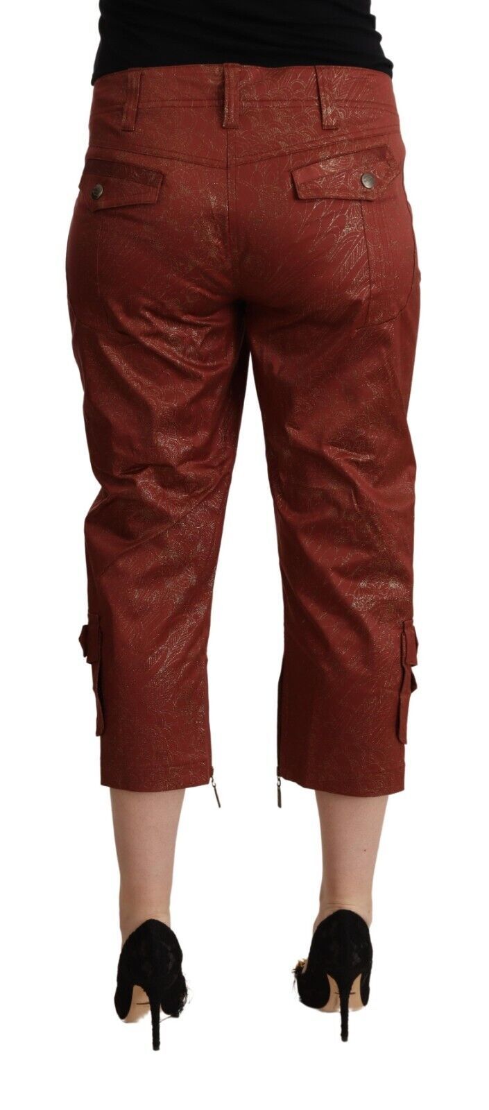 Just Cavalli Brown Lurex Mid Waist Cotton Cropped Capri Women's Pants