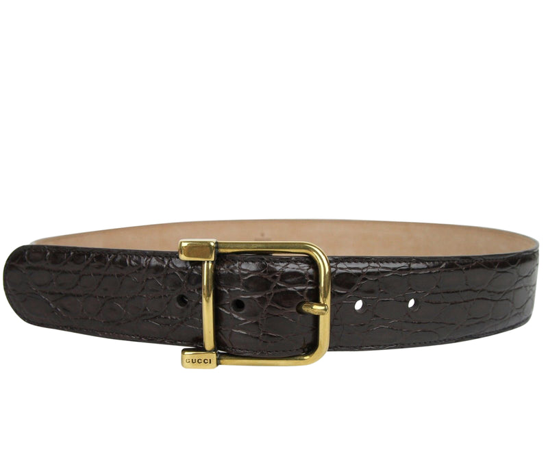 Gucci Women's Gold Square Buckle Dark Brown Crocodile Belt 257319 E7I0T 2140