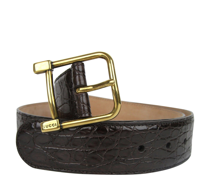 Gucci Women's Gold Square Buckle Dark Brown Crocodile Belt 257319 E7I0T 2140