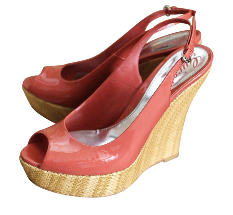 Gucci Women's Coral Patent Leather Platforms Wedges Shoes 258355