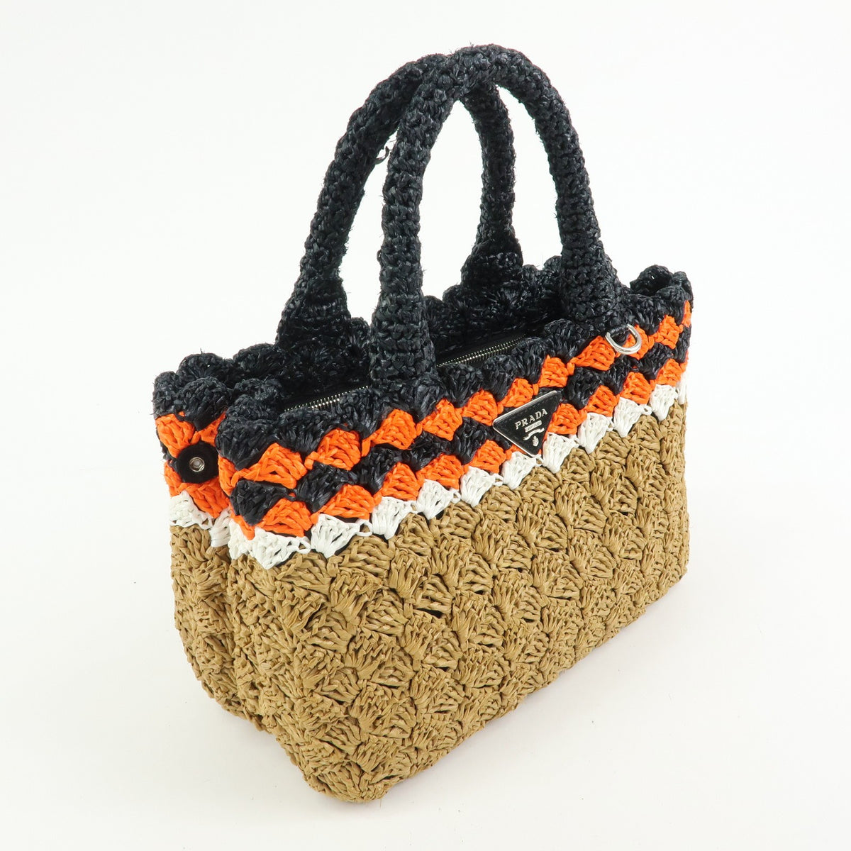 Prada Triangle Logo Raffia Crochet Beige Wicker Tote Bag Bag (Pre-Owned)