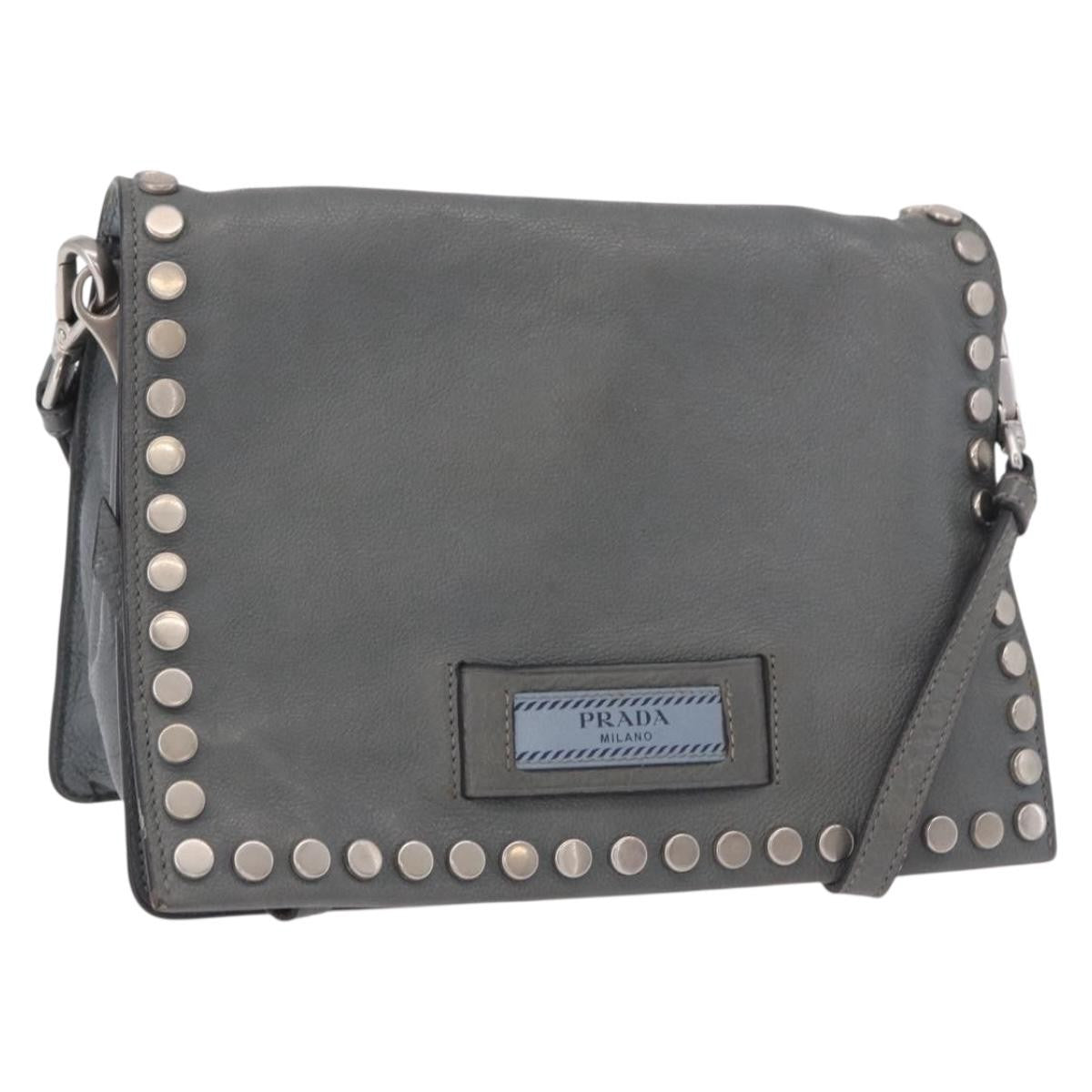 Prada Etiquette Flap Studded Glace Calfskin Gray Leather Shoulder Bag Bag (Pre-Owned)