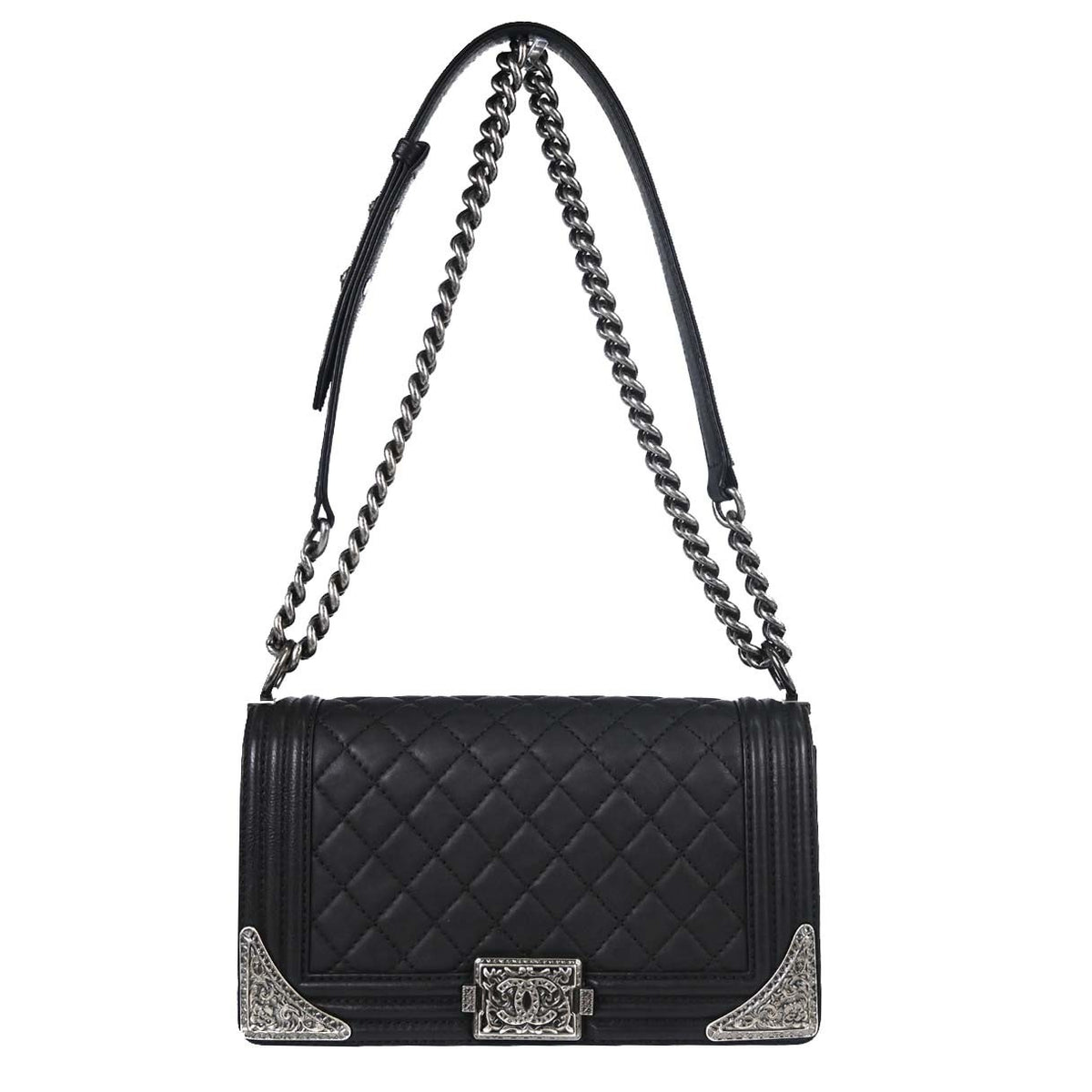 Chanel Paris-Dallas Compartment Boy Flap Quilted Calfskin With Metal Adornments Black Leather Shoulder Bag Bag (Pre-Owned)