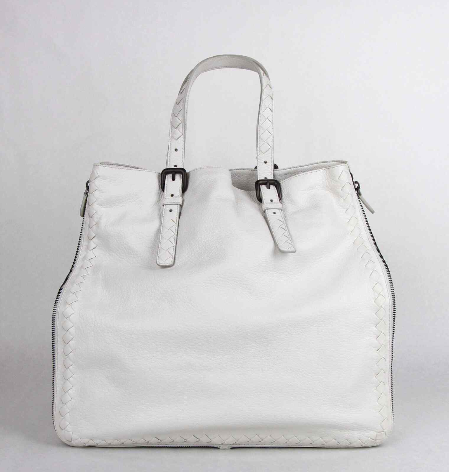 BOTTEGA VENETA Milk White Leather Zip Around Tote Bag Woven Detail