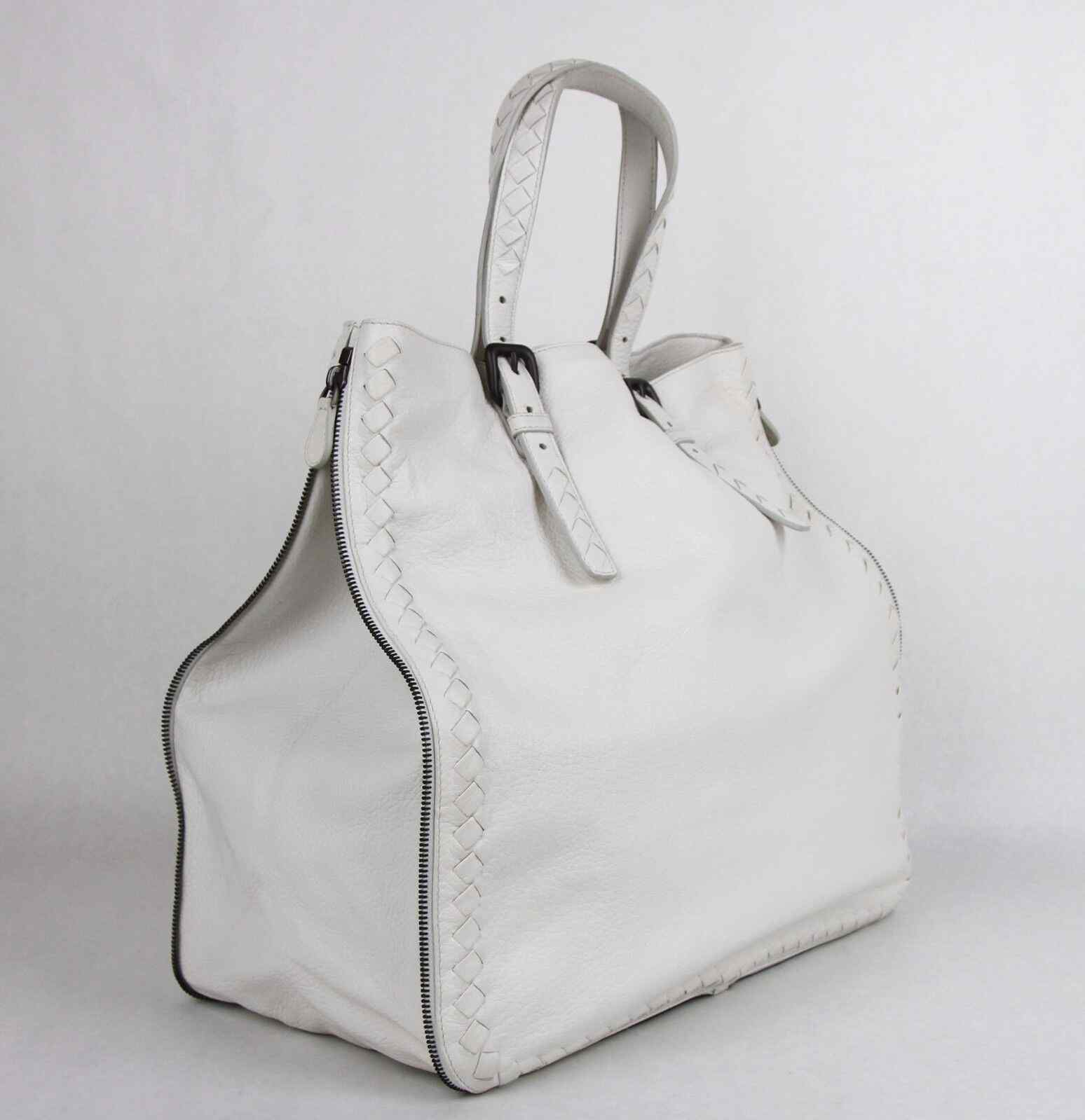 BOTTEGA VENETA Milk White Leather Zip Around Tote Bag Woven Detail