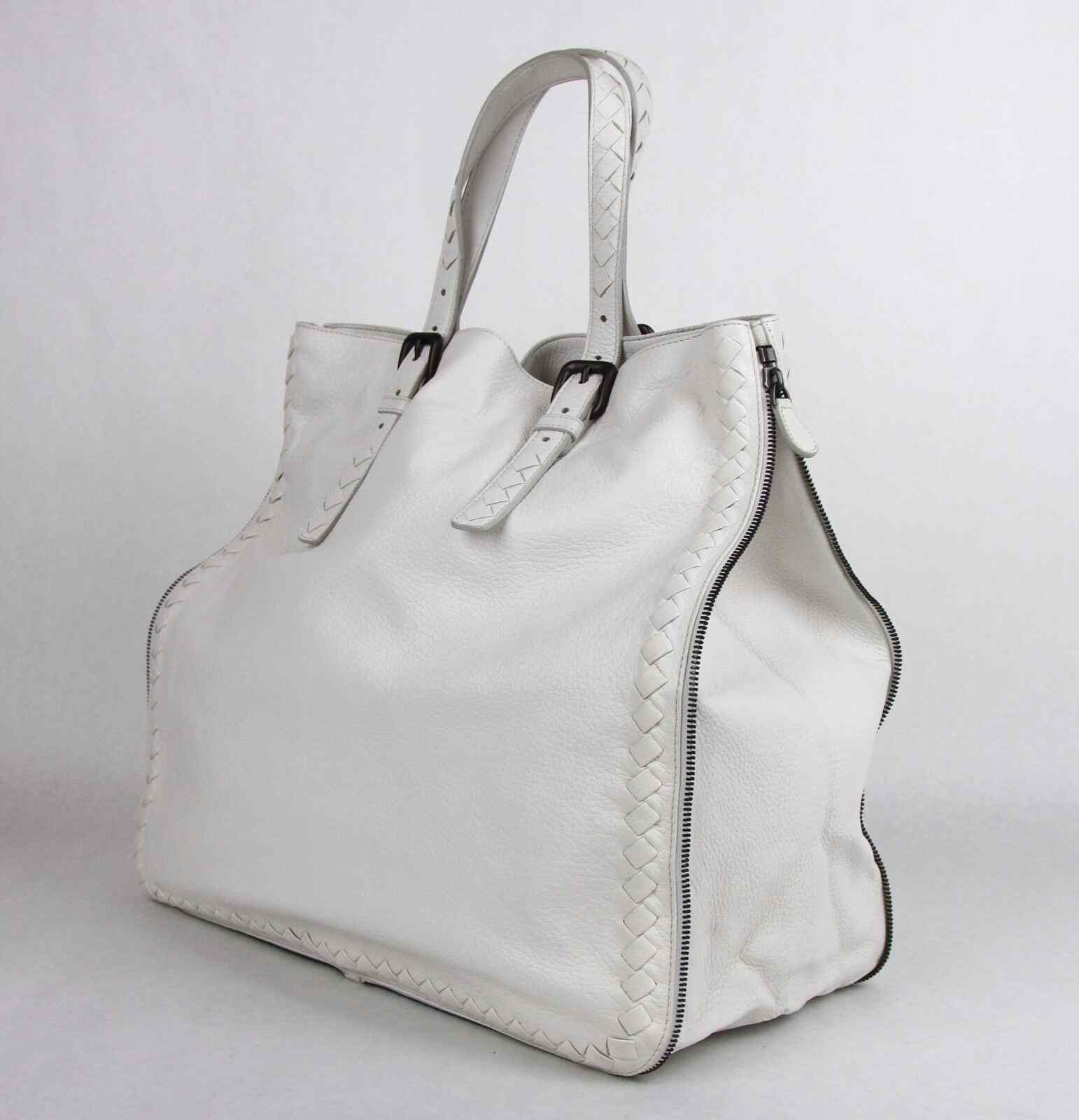 BOTTEGA VENETA Milk White Leather Zip Around Tote Bag Woven Detail