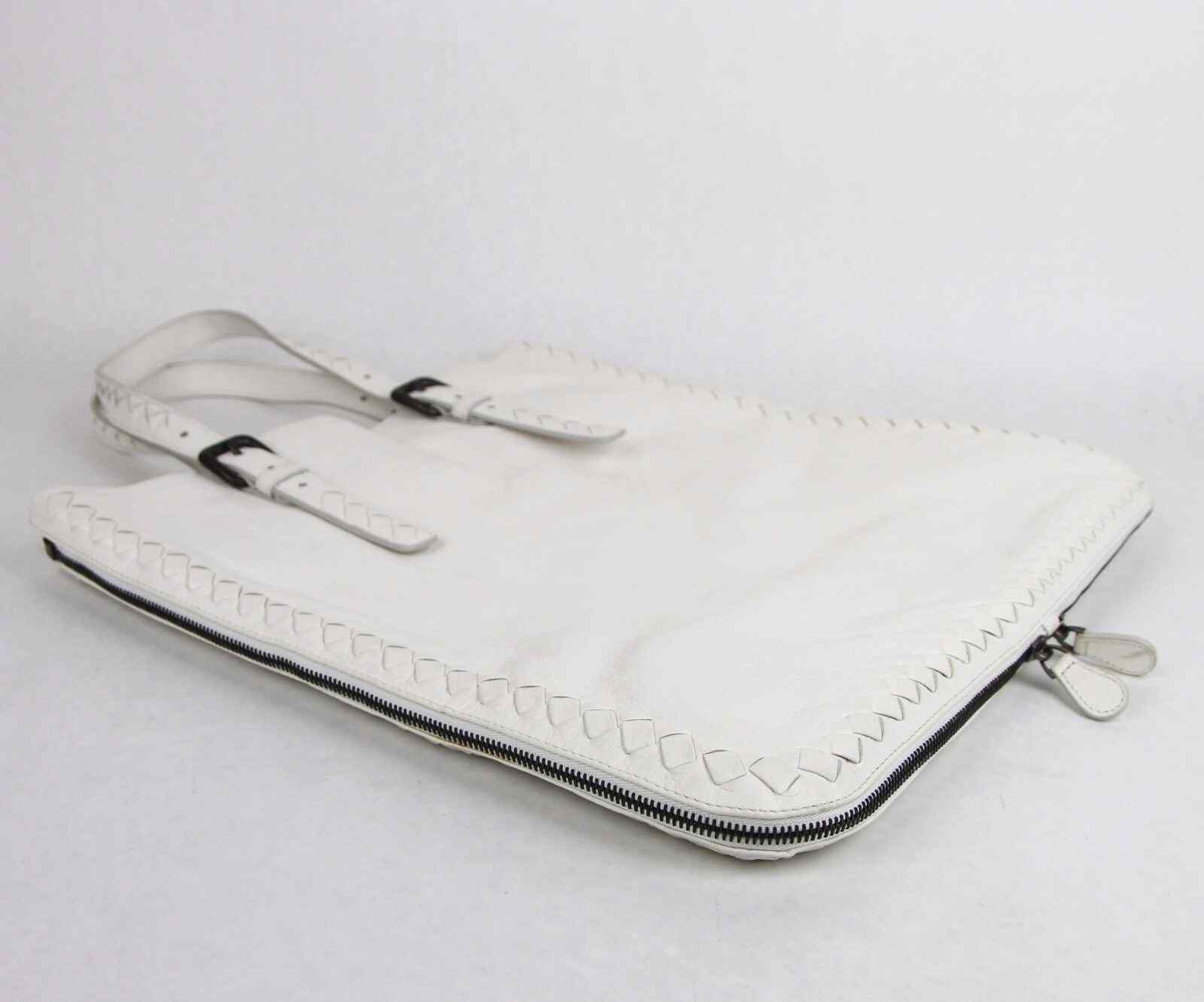 BOTTEGA VENETA Milk White Leather Zip Around Tote Bag Woven Detail