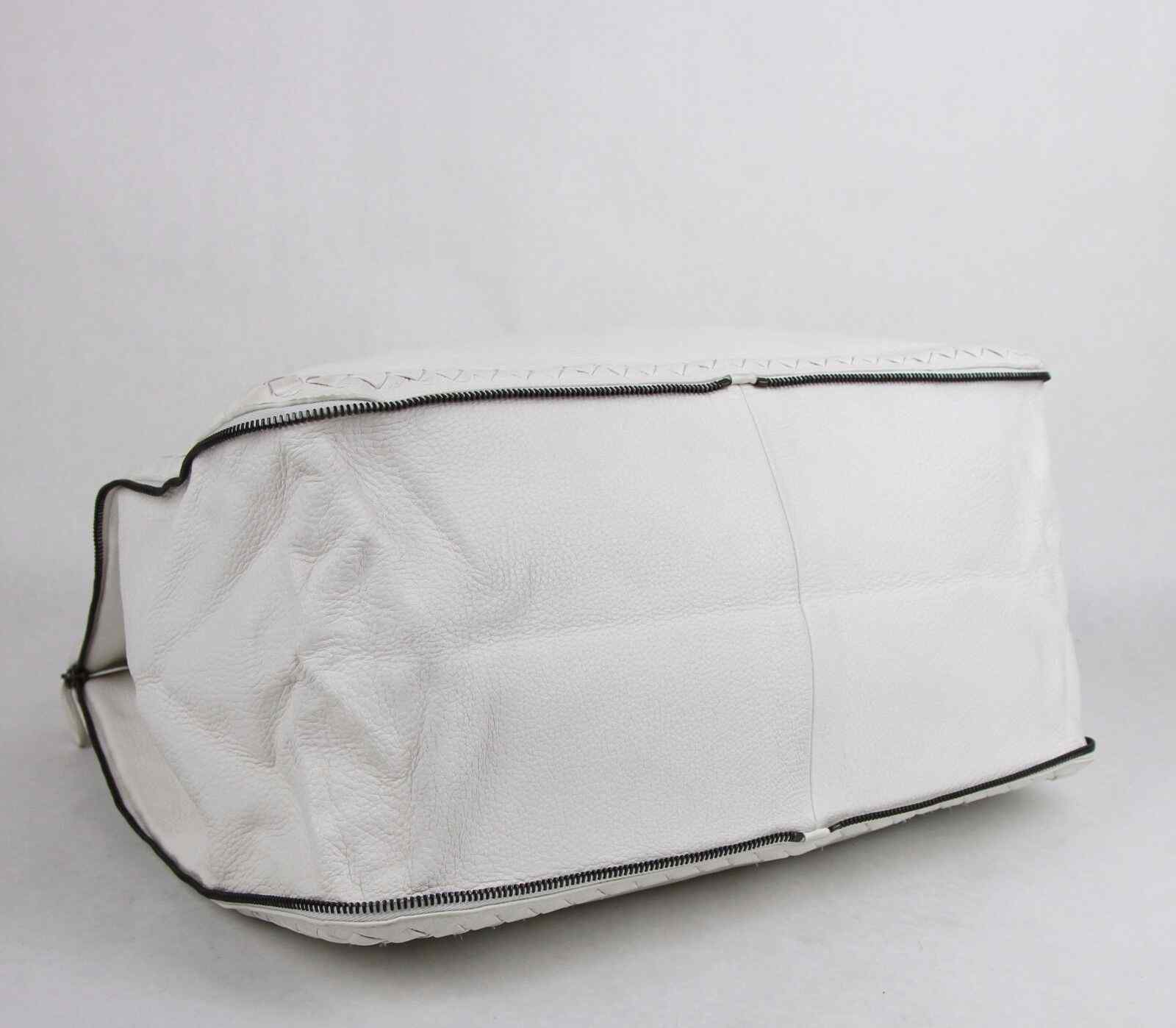 BOTTEGA VENETA Milk White Leather Zip Around Tote Bag Woven Detail