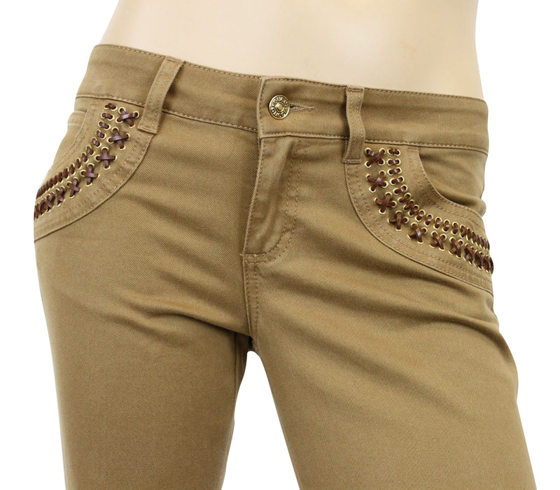 Gucci Women's Leather Laces Brown Cotton Elastane Capri Jeans Pants