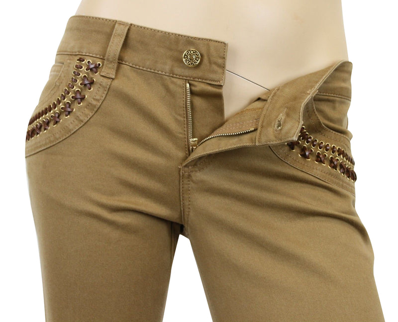 Gucci Women's Leather Laces Brown Cotton Elastane Capri Jeans Pants