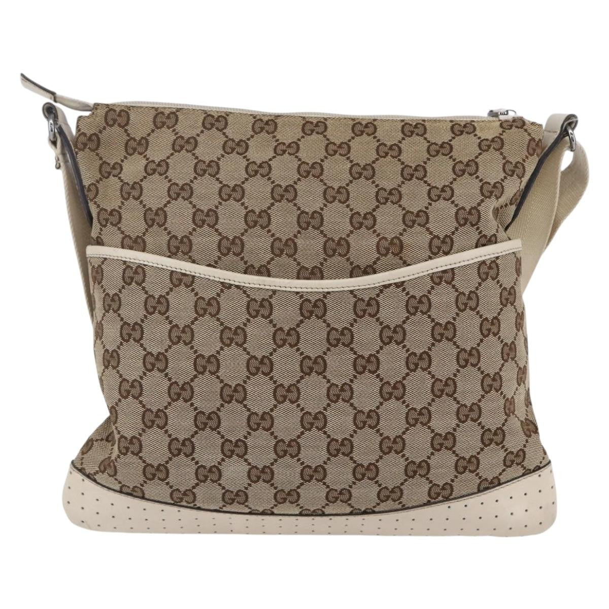 Gucci Zip Messenger Gg Canvas With Perforated Leather Beige Canvas Shoulder Bag Bag (Pre-Owned)