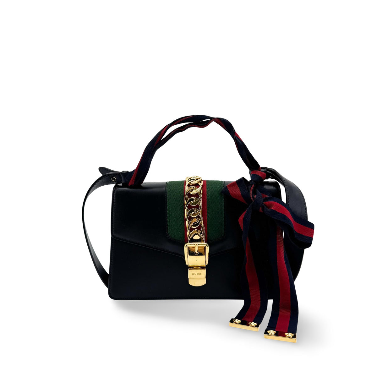 Gucci Sylvie Chain Leather Black Leather Shoulder Bag Bag (Pre-Owned)