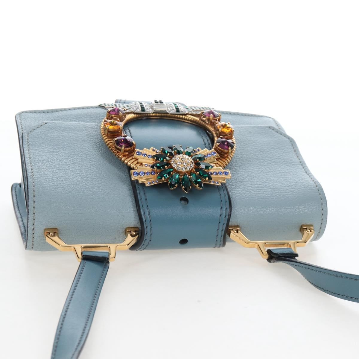 Miu Miu Madras Crystal Buckle Leather Blue Leather Shoulder Bag Bag (Pre-Owned)