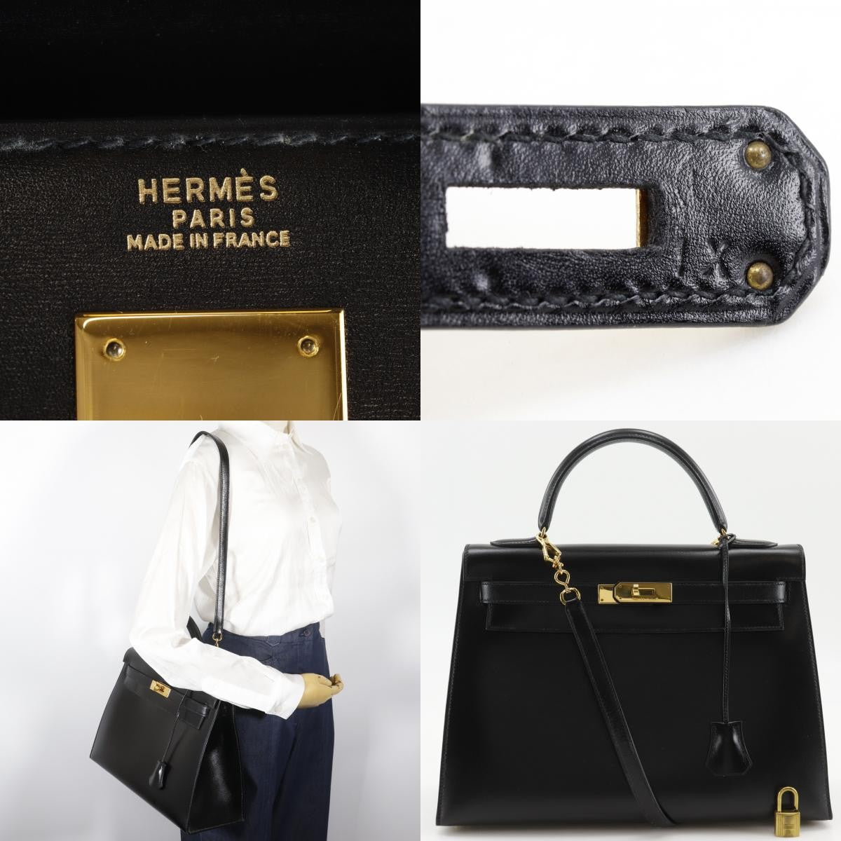 Hermes Kelly Black Box Calf With Gold Hardware Black Leather Handbag (Pre-Owned)