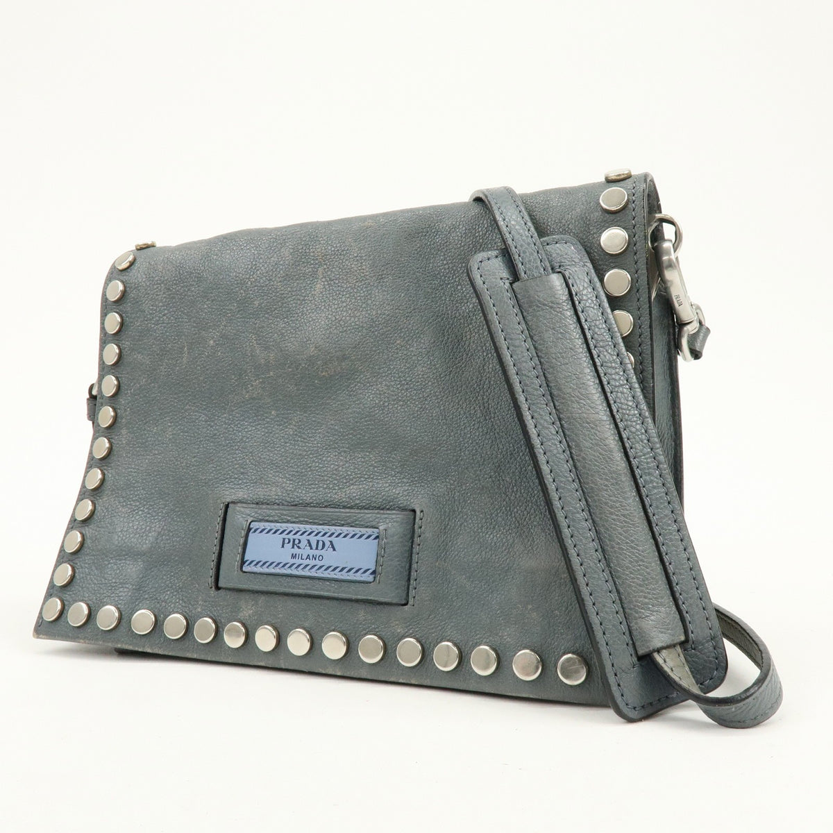 Prada Etiquette Flap Studded Tessuto Gray Leather Handbag (Pre-Owned)