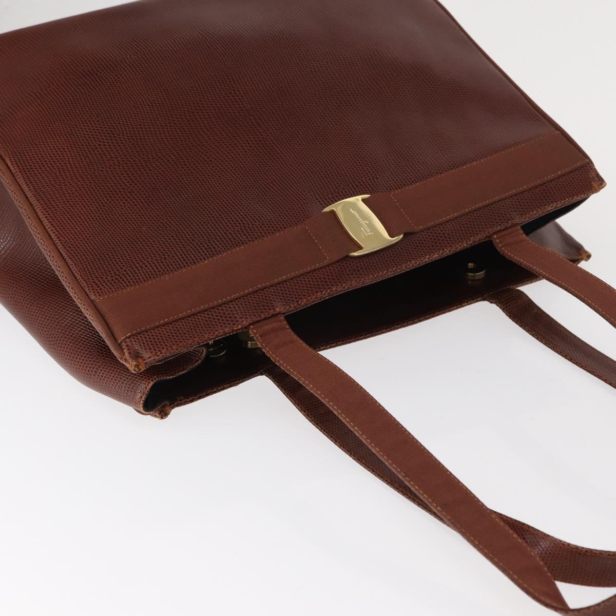 Salvatore Ferragamo Vintage Vara Bow Tote Lizard Embossed Leather Brown Leather Tote Bag Bag (Pre-Owned)