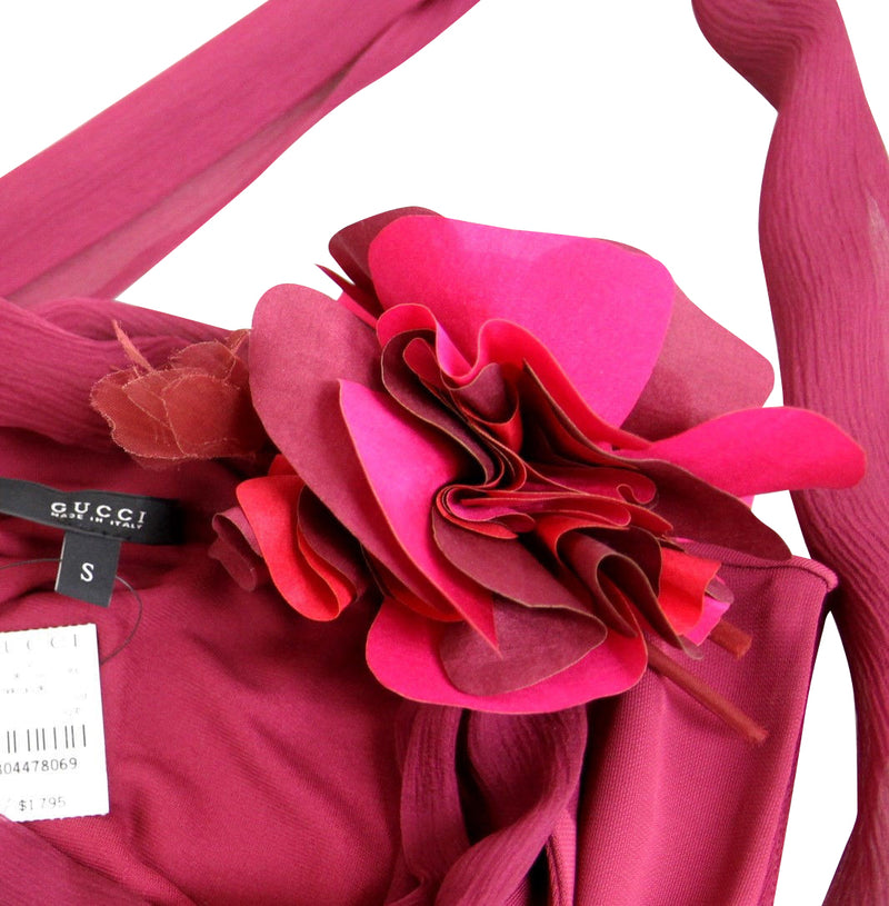 Gucci Women's Runway Fuchsia Rayon Trimming Silk Dress With Flower Scarf