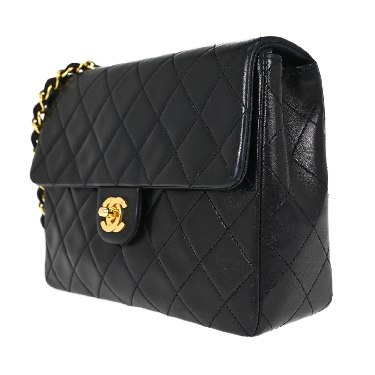 Chanel Vintage Square Classic Single Flap Quilted Lambskin Black Leather Handbag (Pre-Owned)