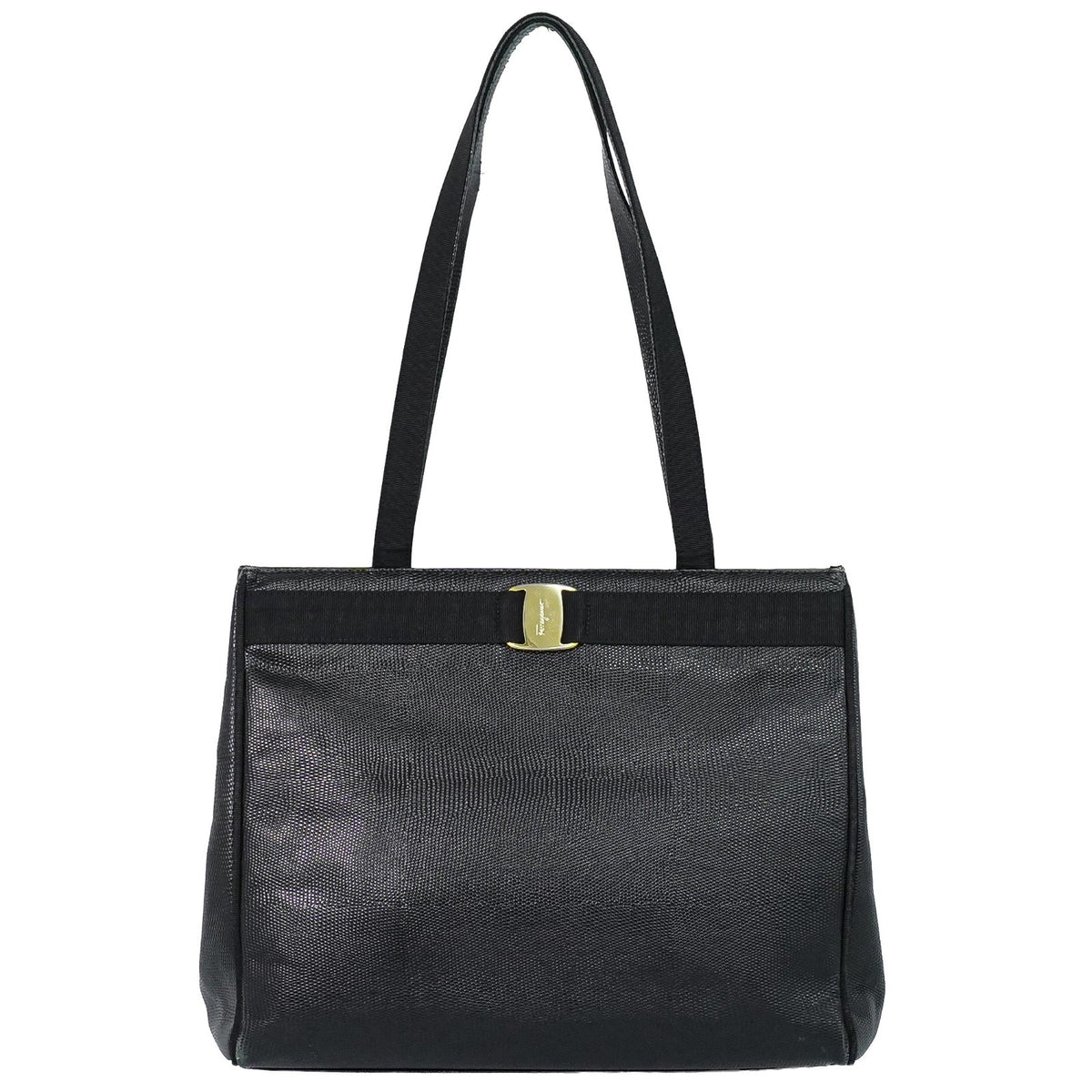 Salvatore Ferragamo Vintage Vara Bow Lizard Embossed Leather Black Leather Tote Bag Bag (Pre-Owned)